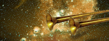 Three golden arrows soaring through a star-filled expanse, set against a backdrop of dense celestial clusters and cosmic clouds in a spectrum of yellow hues, depicting a symbolic representation of the Mazzaroth.
