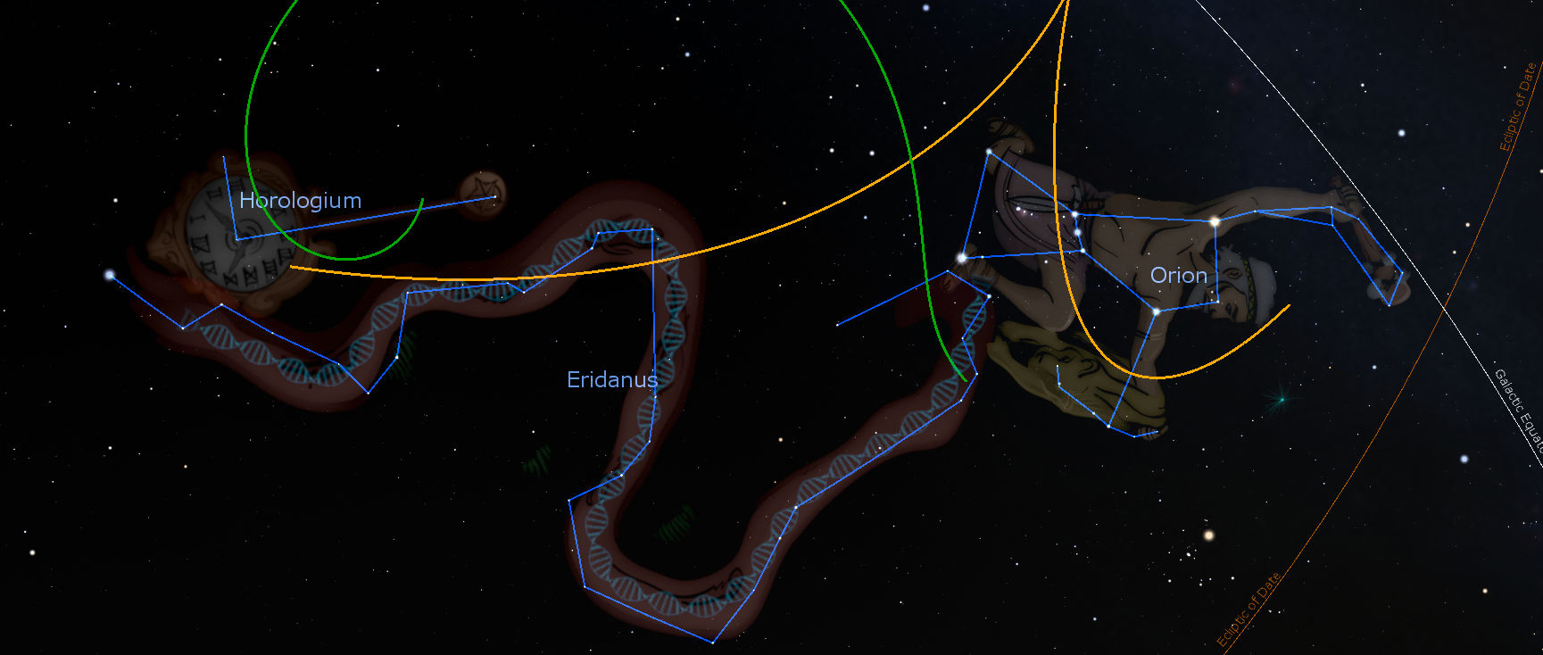 A digital star map featuring artistic representations of constellations including Orion depicted with a hunter's outline. Notable celestial configurations are highlighted with colorful lines, contrasting against a backdrop of dense stars. The artwork blends symbolic representations of DNA strands and watch faces with names marked such as Horologium and Eridanus.