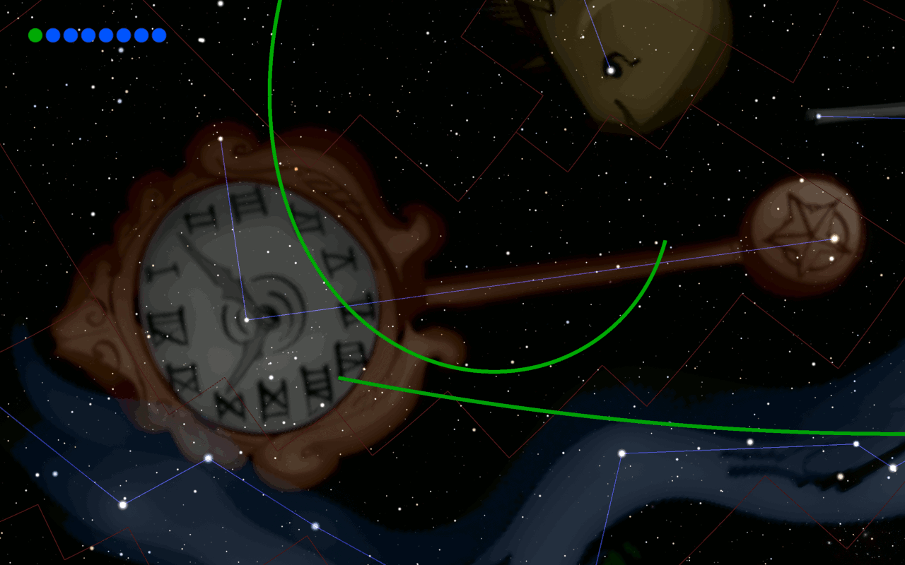 Imagen de un reloj antiguo con símbolos en su esfera, flotando en el espacio con un fondo estrellado. Líneas y formas geométricas en colores verdes y rojos se intersecan sobre los cuerpos celestes y el reloj, relacionándolos con estructuras de la Mazzaroth.