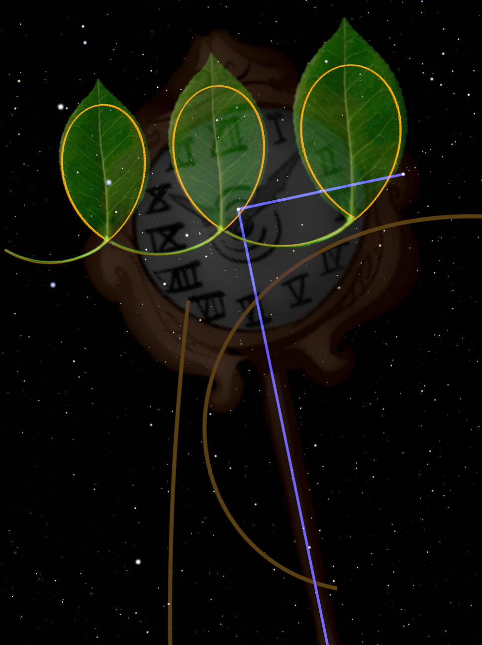 An artistic representation set against a starry background, featuring three translucent leaves overlaid on a disc engraved with Roman numerals. Each leaf is connected by curved multi-colored lines suggesting an orbit or trajectory, reminiscent of celestial movements observed in astronomy.