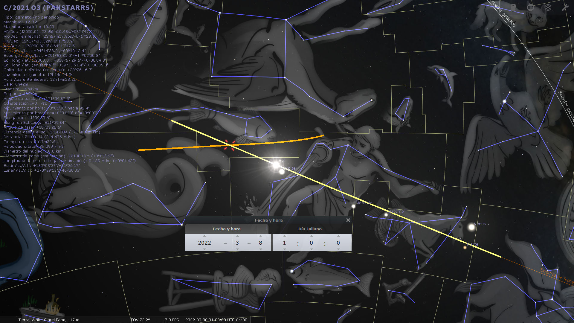 Ilustración en blanco y negro de constelaciones del Mazzaroth en el cielo nocturno con una línea amarilla que representa la trayectoria de un cometa. Incluye líneas y cuadros que delimitan las figuras, con datos astronómicos superpuestos como coordenadas y fechas.