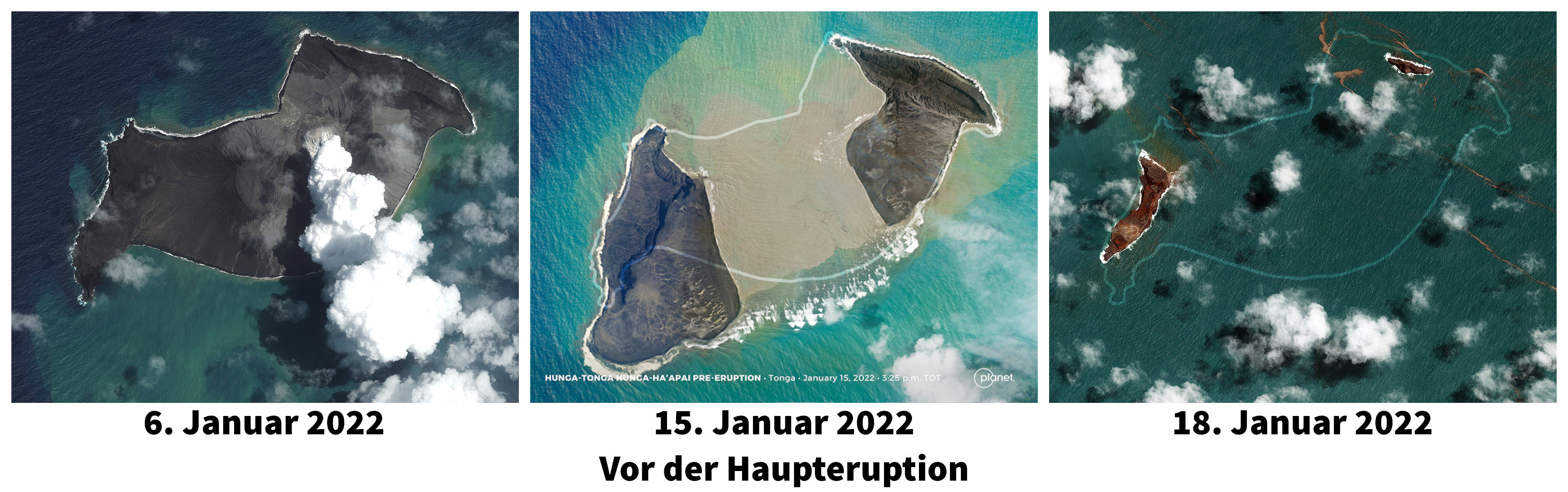 Drei Satellitenbilder einer Insel im Pazifischen Ozean. Das erste Bild vom 6. Januar zeigt die Insel mit dunklen vulkanischen Landmassen und umgebendem türkisfarbenem Meer. Das zweite Bild vom 15. Januar zeigt dramatische Veränderungen mit erweiterten sandigen Ablagerungen und klarem Wasser rund um die Insel. Das dritte Bild vom 18. Januar zeigt nach einer Eruption nur noch Teile der Insel, umgeben von dunkel gefärbtem Meerwasser und schwimmenden Ascheteilchen.