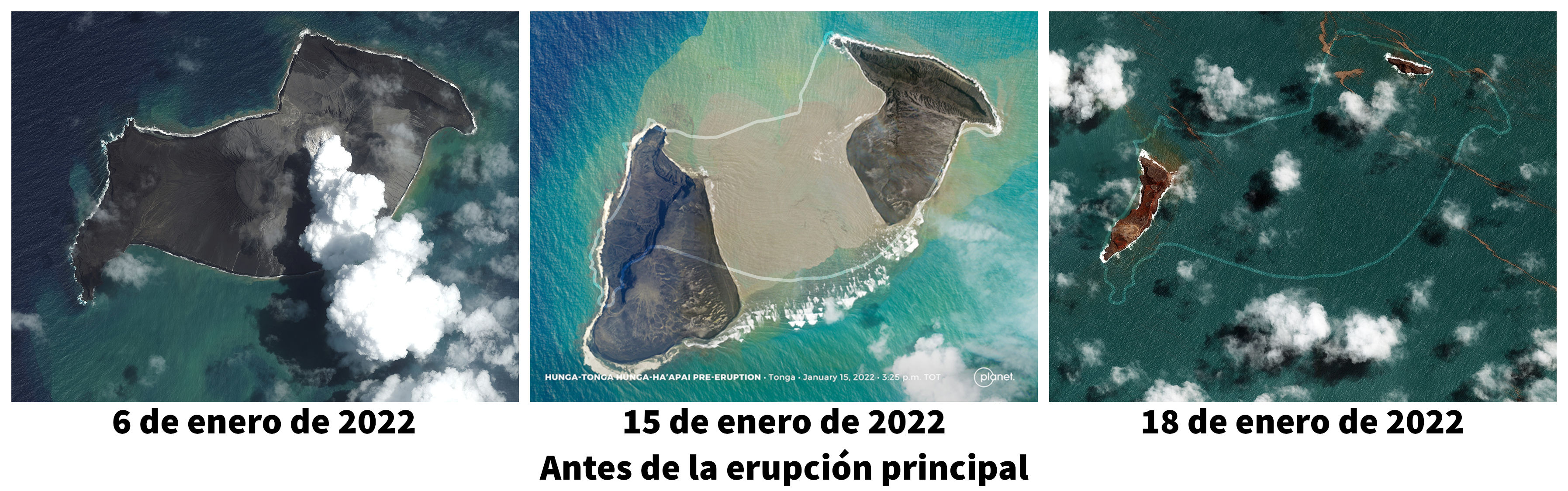 Secuencia de tres imágenes satelitales de una isla volcánica en el océano. La primera imagen muestra la isla con tonos oscuros y texturas naturales en un día soleado, tomada el 6 de enero de 2022. La segunda, del 15 de enero de 2022, revela grandes cambios físicos con una expansión notable de la masa terrestre debido a la sedimentación y la actividad volcánica, mostrando colores más claros y detalles de la erosión. La tercera imagen, fechada el 18 de enero de 2022, exhibe la isla fragmentada en dos grandes formaciones rocosas oscuras, rodeadas de agua turbia y trazas de actividad volcánica visible.