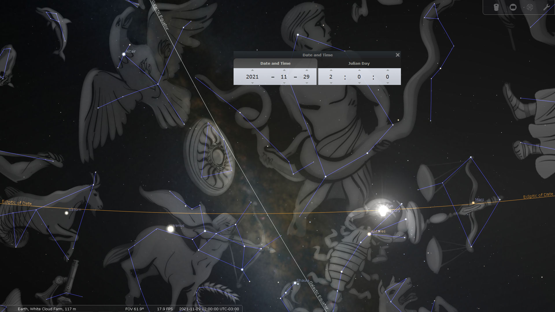 A digital astronomical representation showing celestial bodies and artistic depictions of constellations against the dark expanse of space. Visible details include bright stars named Altair and Antares, planets such as Saturn, Venus, and Mars, and outlines marking specific Mazzaroth formations reminiscent of mythical interpretations of human and animal shapes.