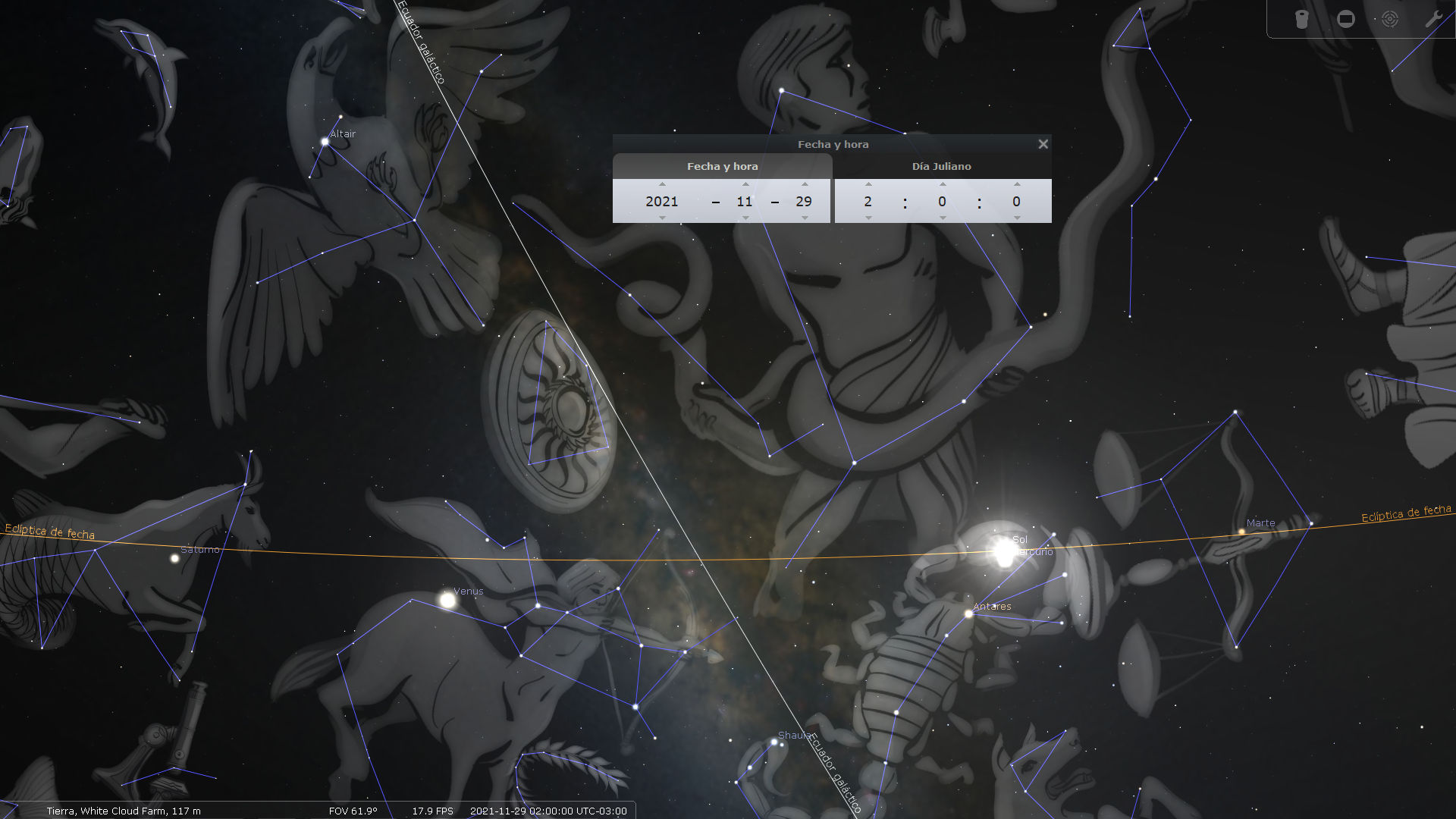 Imagen digital que muestra una representación celestial con líneas y figuras que simbolizan componentes del Mazzaroth, incluidos diseños artísticos de constelaciones, sobre un fondo oscuro estrellado. Destacan elementos como Venus y Marte, y líneas que denotan la eclíptica. También se incluyen etiquetas con nombres de estrellas y configuraciones visibles de la fecha y hora específica.