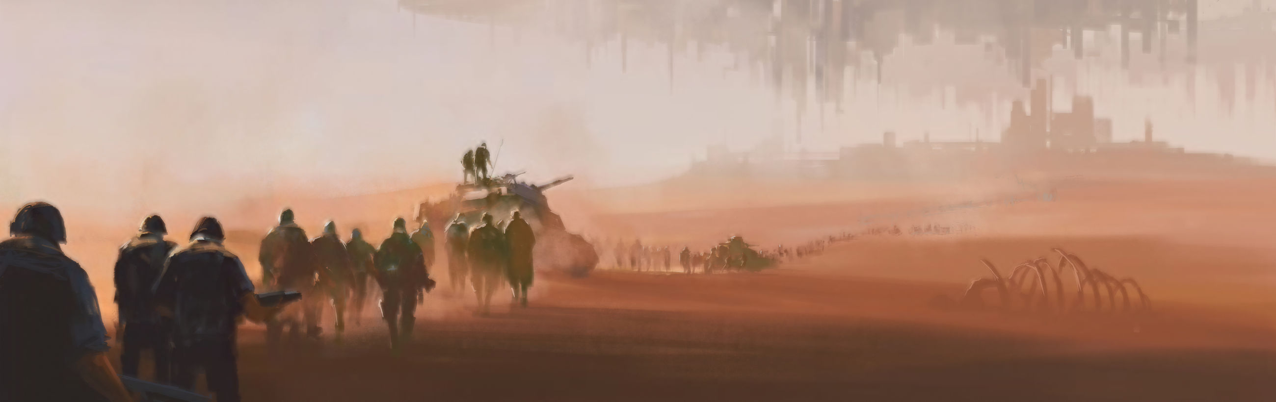 A panoramic digital painting depicting a group of soldiers in armor walking through a dusty, apocalyptic landscape. In the center, a large tank topped with figures stands on a mound, while distant cities are enveloped in hazy silhouettes under a brooding sky. A giant mechanical insect looms in the arid terrain on the right.