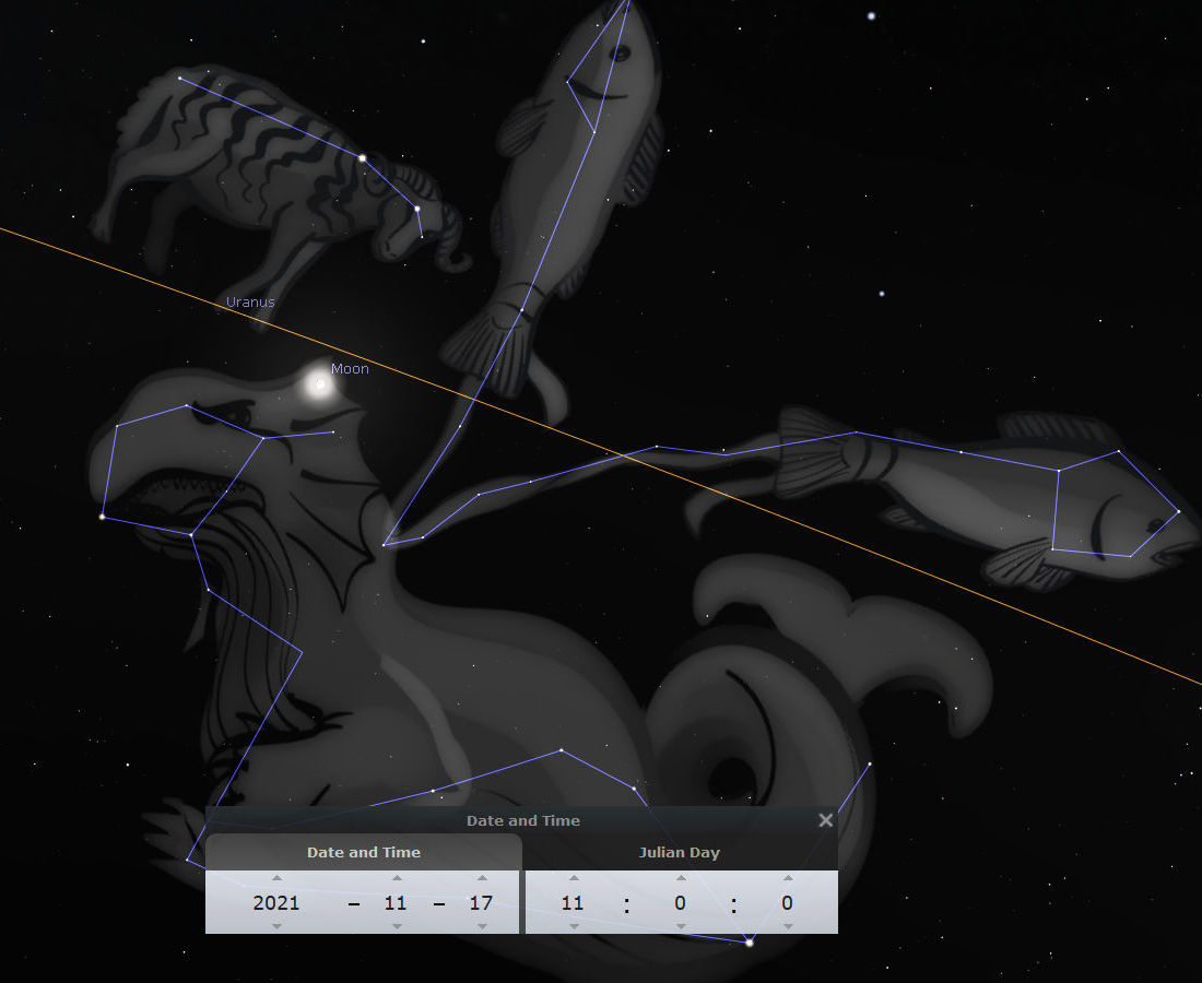 A celestial depiction featuring illustrations of constellations in the night sky, including a zebra, a fish, and the constellation of a water bearer along with marked positions of the Moon and the planet Uranus. The background displays a starry sky and the image includes an overlaid date and time panel showing November 17, 2021, at midnight.