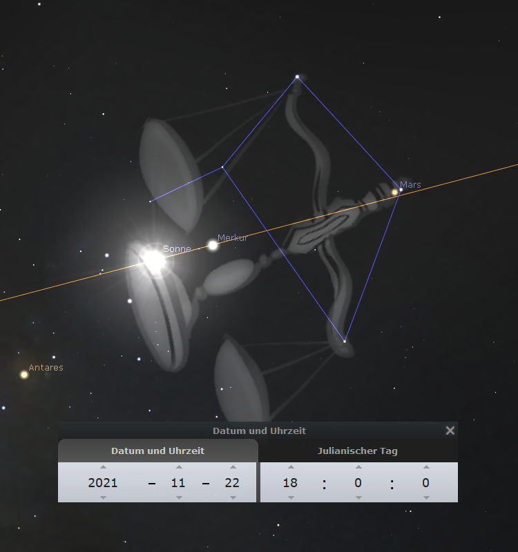 Astronomische Darstellung mit der Sonne, Mars und Stern Antares, verbunden durch Linien, die ein Kerubenähnliches Muster im Sternenbild des Mazzaroth bilden. Im Vordergrund eine Raumsonde. Unten ein Datums- und Uhrzeitfenster, das den 22. November 2021 als julianisches Datum zeigt.