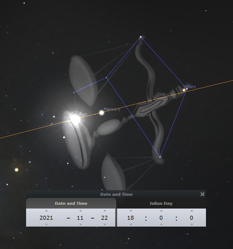 A digital depiction of the night sky, featuring sun, planets Mercury and Mars, interconnected by lines forming a tessellation within the Mazzaroth, with an overlay showing the date November 22, 2021, and the Julian Day.