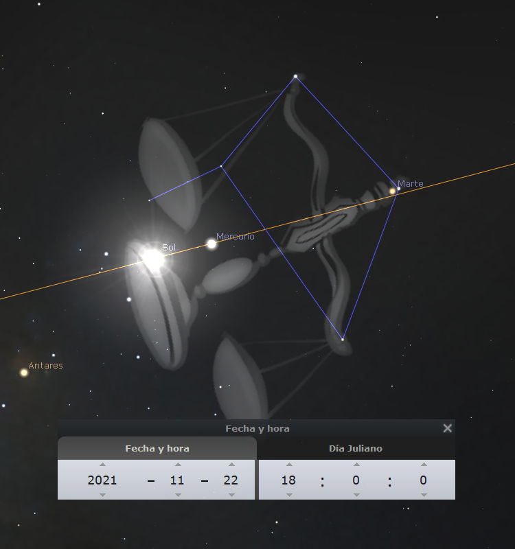 Representación digital del firmamento mostrando el Sol, Marte y Antares con líneas conectivas y una constelación visible. Incluye una interfaz en la esquina inferior que señala la fecha y hora exactas del evento celestial visualizado.