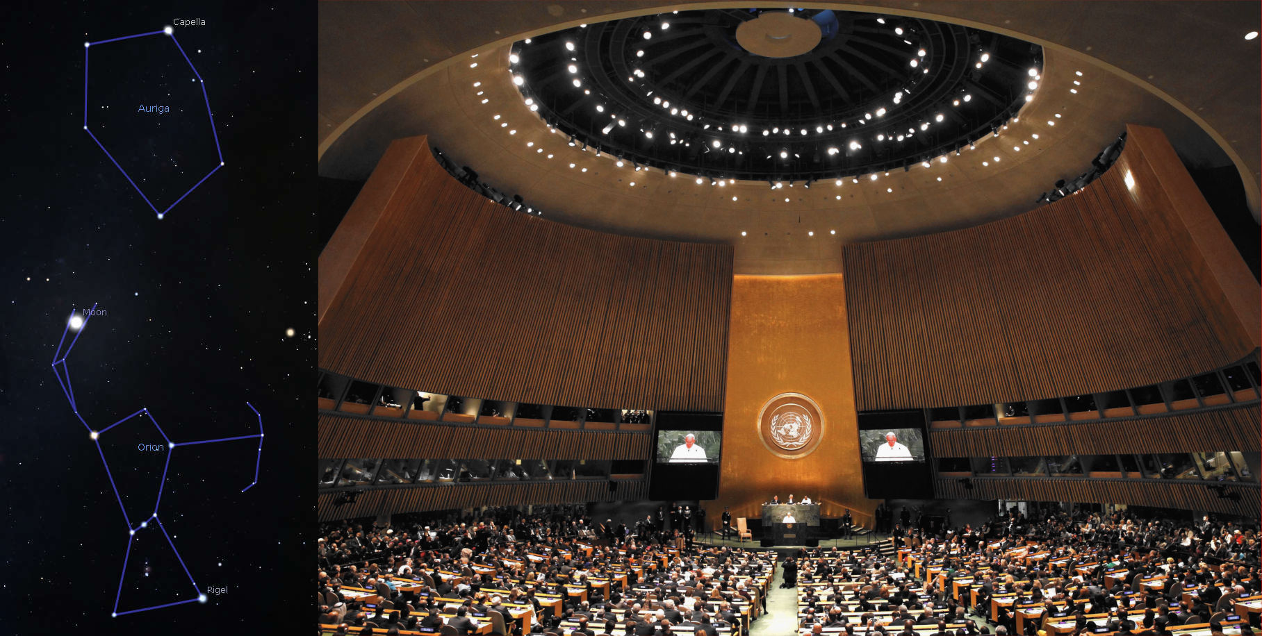 A split image showing constellations in a night sky on the left and a scene from inside the United Nations General Assembly hall on the right. On the left, visible constellations include Auriga and Orion, with annotations for stars like Capella and Rigel, and a depiction of the Moon. On the right, a large assembly of delegates is seated, focusing on a speaker visible on a large screen at the front of a circular, wood-paneled hall illuminated by tiered ring lights above.