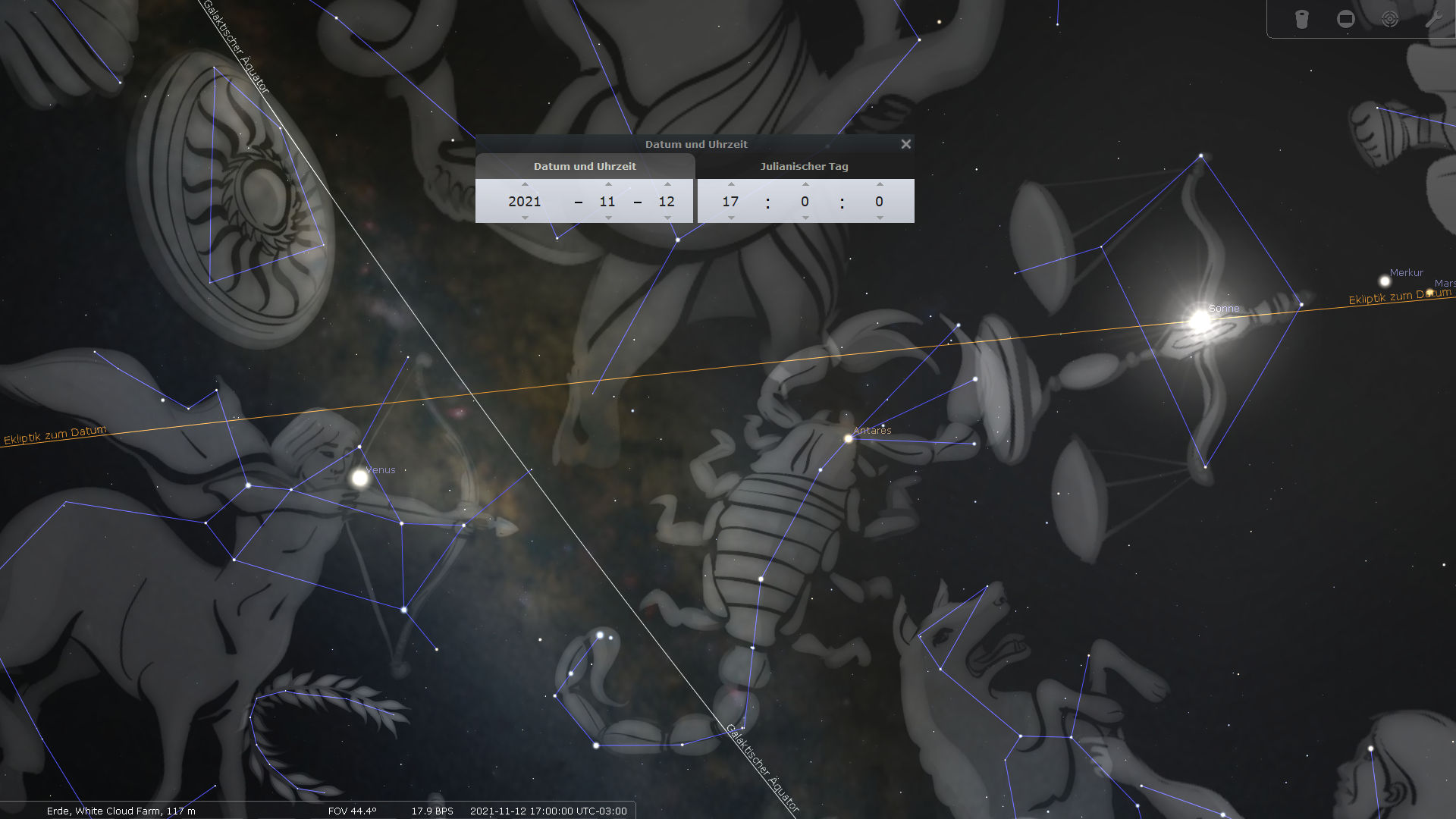 Astronomische Darstellung mit künstlerischen Illustrationen der Mazzaroth-Formationen im Nachthimmel, gezeigt durch verknüpfte Linien, die verschiedene Konstellationen darstellen. Ein sichtbarer heller Punkt stellt die Sonne dar, begleitet von Textboxen, die Datums- und Stellarpositionsinformationen anzeigen.