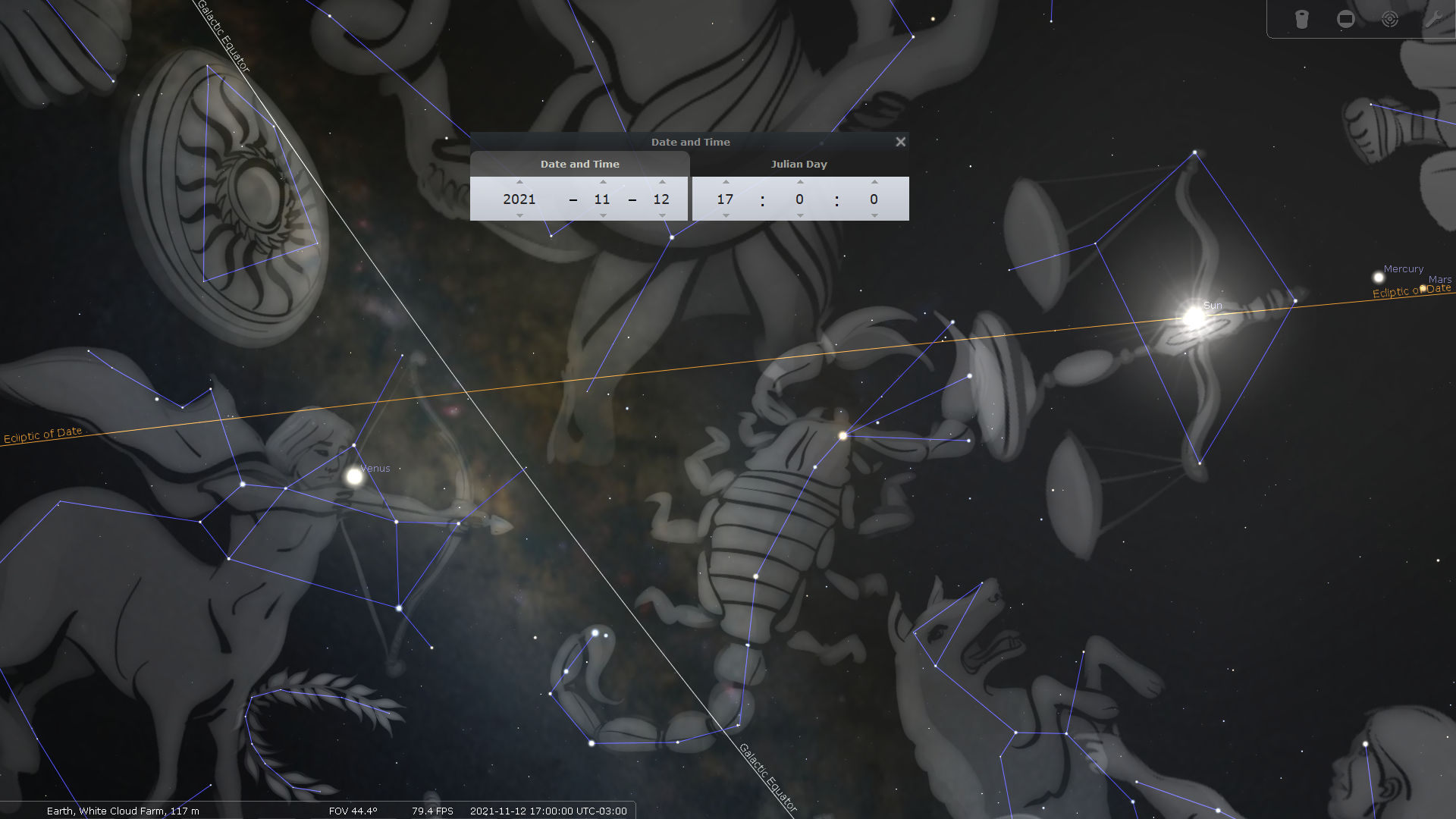 A digital astronomical display showing a starry night sky with illustrations of various creatures connected by blue lines, signifying their positions in relation to the stars. The sun is highlighted at the center surrounded by celestial objects like Venus, Mars, and Mercury. The interface shows a date and time panel indicating November 12, 2021, 17:00 UTC.