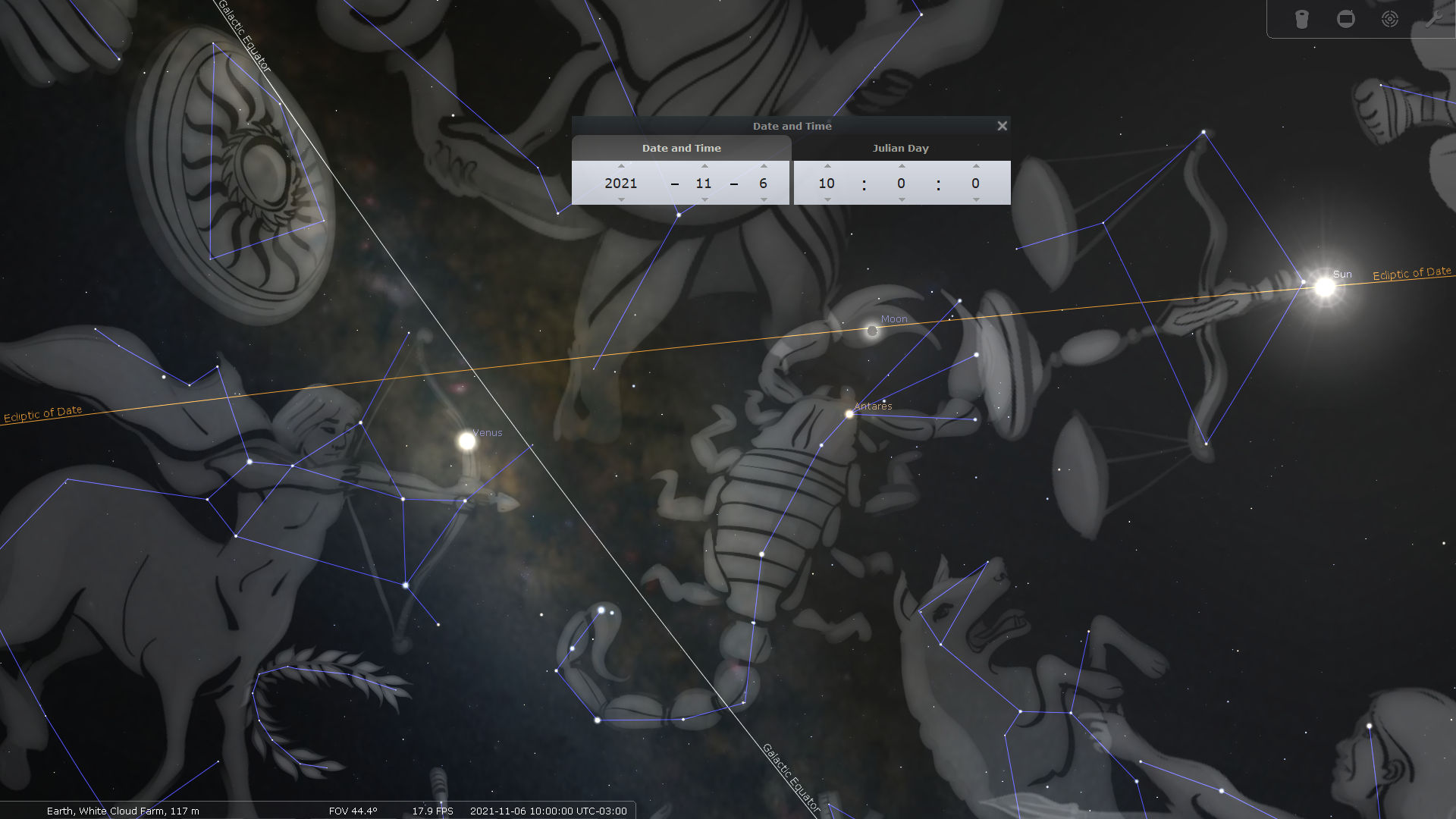 A detailed celestial map displaying the arrangement of stars within several constellations in the night sky. Key astronomical bodies like the Moon, Venus, Sun, and the star Antares are labeled. The image also features a graphic overlay of lines joining stars within each constellation, alongside depictions of figures such as a bull and a scorpion. A date and time box shows November 6th, 2021.