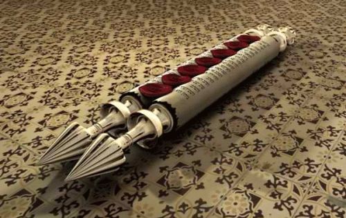 A decorative scroll with intricate silver caps and red seals on a textured surface featuring geometric patterns, reminiscent of celestial constellations.