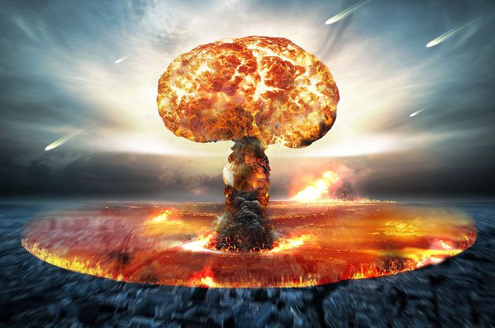 A dramatic digital illustration depicting a massive fireball explosion over a body of water, with a mushroom cloud ascending into the sky and fiery debris scattered around. The scene evokes the intense energy and transformation described in cosmic phenomena.