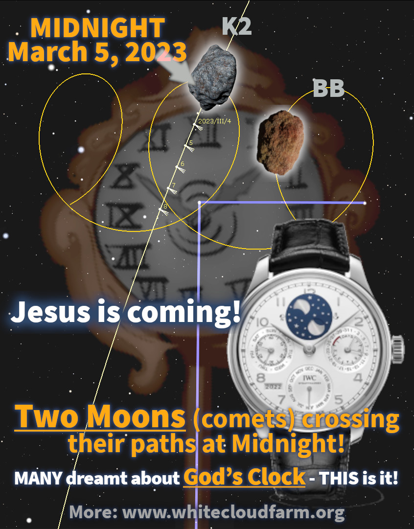 A graphic depicting an event taking place at midnight on March 5, 2023, showing two comets, labeled K2 and BB, crossing paths over a wristwatch displaying a celestial-themed face. The watch is set against a backdrop of a celestial sphere with segments marked by ancient symbols. Text on the image announces, "Jesus is coming!" and "Two Moons crossing their paths at Midnight!" referring to the interaction of the comets. Further information is given at a website link provided at the bottom of the image.