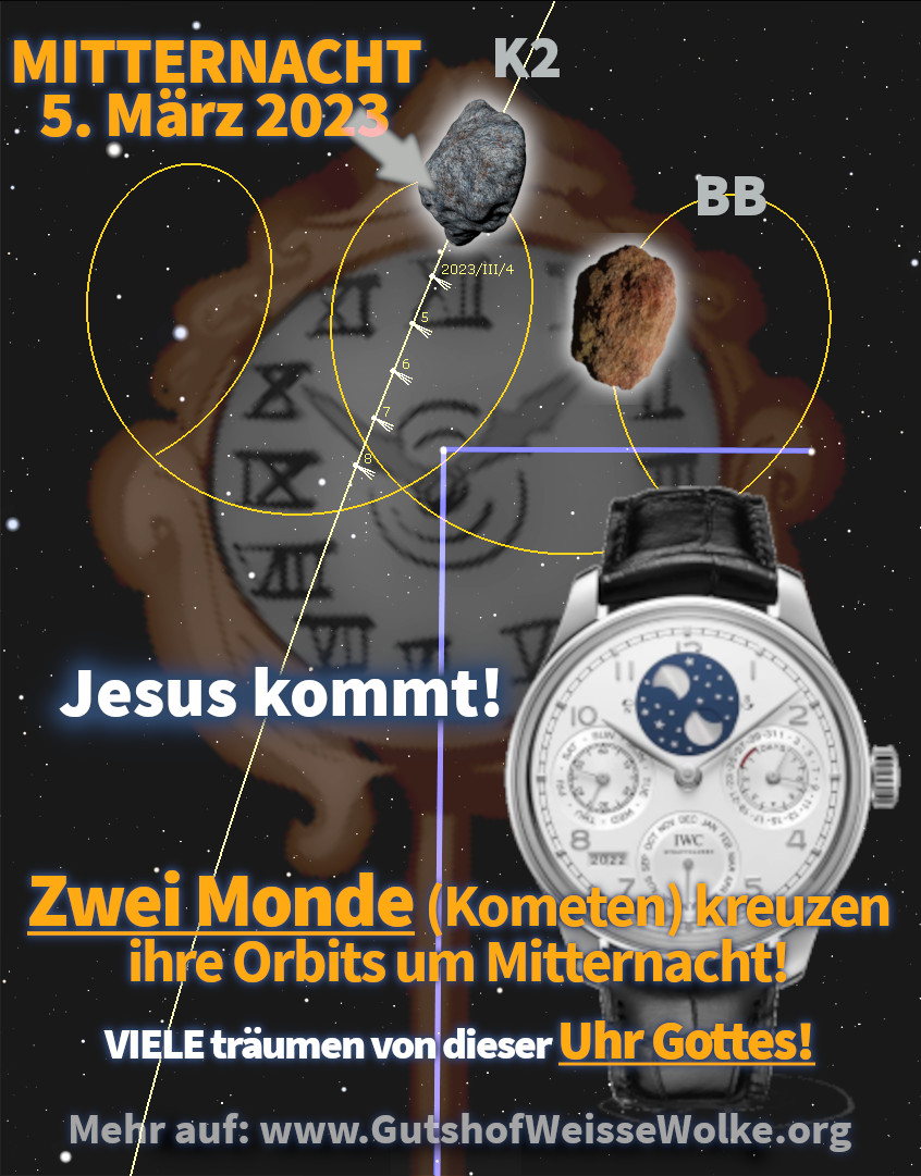 Grafik zeigt komplexe astronomische Darstellung mit Sternenhintergrund, astrologischen Symbolen umgestaltet als Mazzaroth, zwei Asteroiden, und einer Armbanduhr im Vordergrund. Überlagernde Texte erzählen von einem Ereignis um Mitternacht am 5. März 2023 und behaupten, dass viele von einer göttlichen Uhr träumen.
