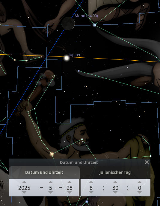 Illustration eines Himmelsausschnitts mit Sternen, Mond, Jupiter und Figuren aus dem Mazzaroth in dunklen Umrissen, die verschiedene Bereiche des Nachthimmels kennzeichnen. Ein Informationspanel zeigt Datum und Uhrzeit an: "2025 – 5 – 28, Julianischer Tag bei 8:30 Uhr".