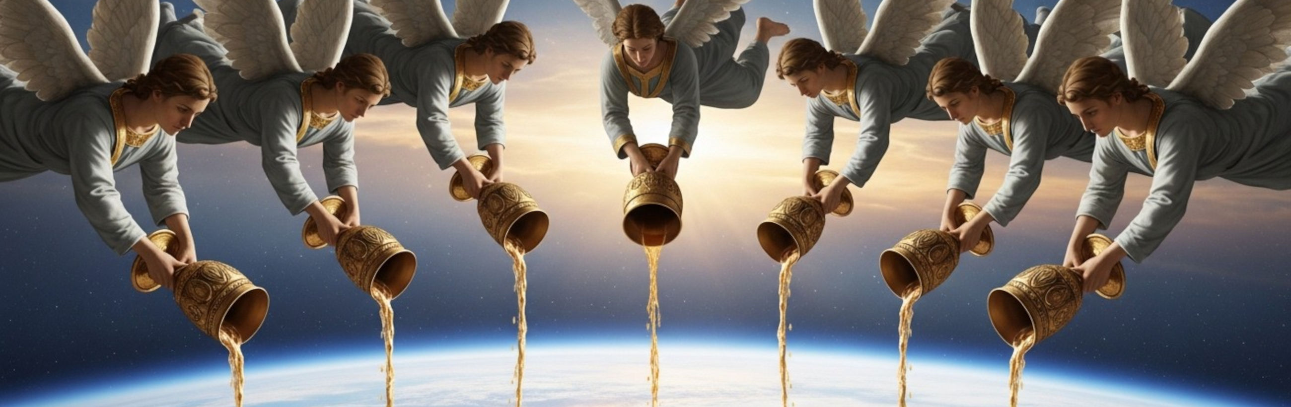 A panoramic image depicting multiple celestial winged beings, each pouring water from ornate vessels over the sky's horizon. The scene conveys a symbolic representation linked to the ancient depiction of the Mazzaroth context, set against a backdrop merging a twilight sky with the curvature of the Earth.