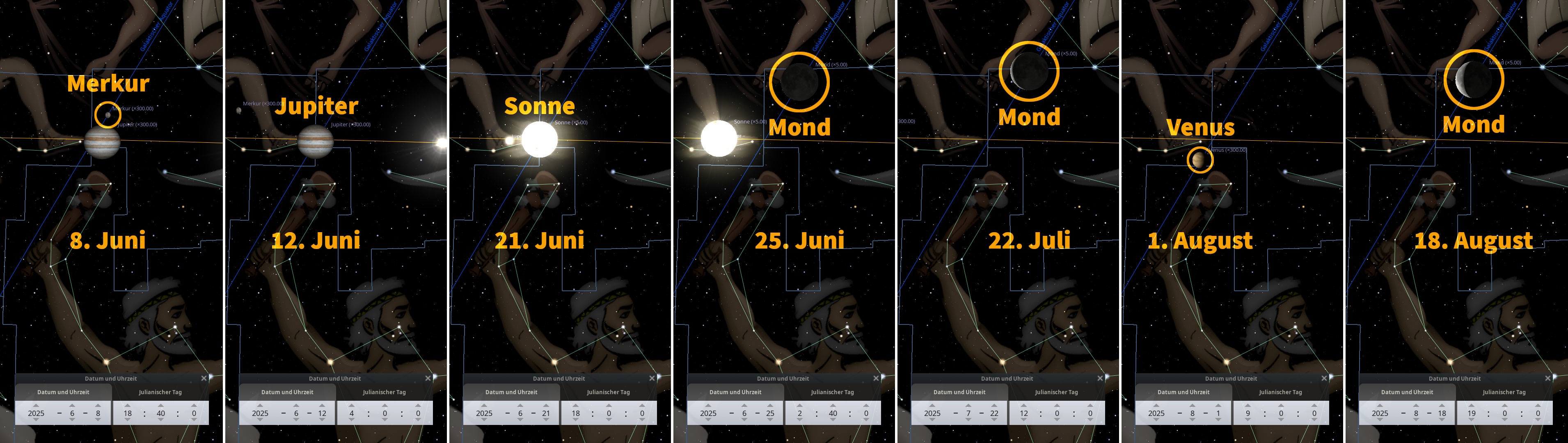 Eine Sequenz von Bildern zeigt Himmelsbahnen wichtiger Himmelskörper wie Merkur, Jupiter, die Sonne, den Mond und die Venus, die vor einem Sternenhimmel und über einem schemenhaft dargestellten Astronomen positioniert sind, sowie ihre Zusammenkünfte im Jahr 2025, eingebettet in himmlische Koordinatenlinien und Datumsangaben.