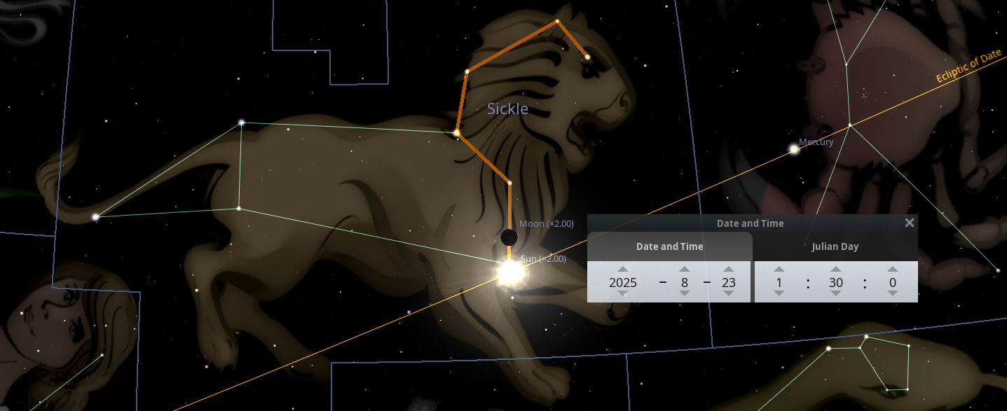 An astronomical illustration depicting the constellations visible in the night sky with detailed annotation. A prominent lion-like figure, often referenced within Mazzaroth studies, occupies the central space marked by the designation "Sickle." Celestial bodies, including a highlighted moon and sun near the lion's heart, are shown relative to a star-map overlay. A pop-up window lists a specific date and time in calendar format with celestial coordinates.