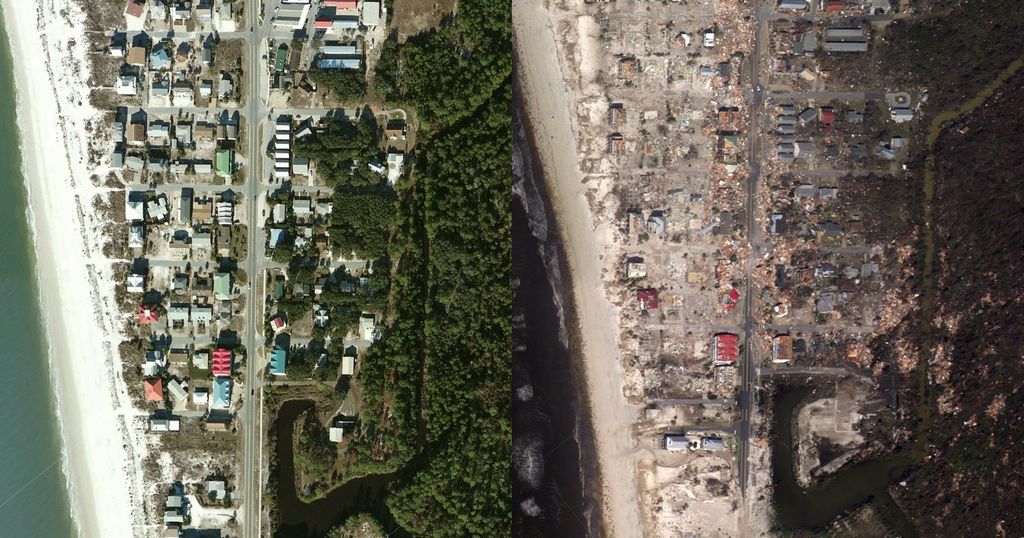 Aerial view dividing a coastal area into two distinct halves. On the left, intact colorful houses amidst green foliage contrast sharply with the right side, displaying widespread devastation of similar structures by a natural disaster, set against a beach backdrop.