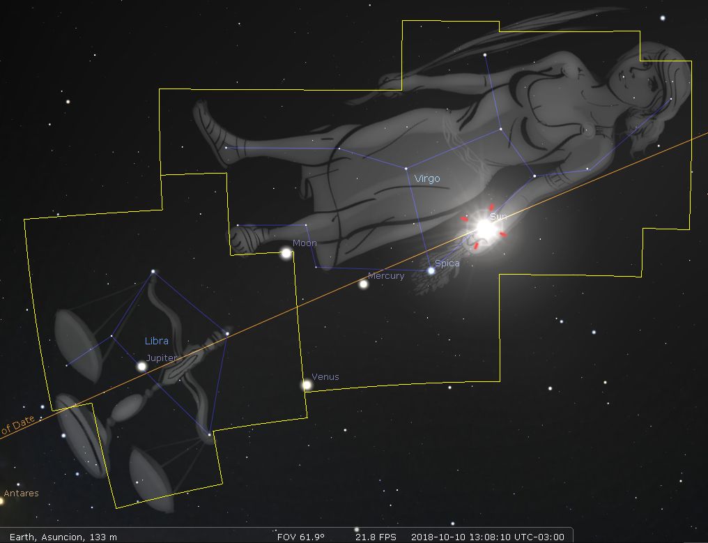 A digital astronomical illustration showing constellations and celestial bodies as observed from Earth. The constellation depicted as a female figure is part of the Mazzaroth, representing Virgo. Highlighted nearby are planets including Mercury, Venus, and Jupiter, and the moon, alongside bright stars like Spica and Antares. The sky is mapped with lines connecting stars to form constellations, indicating their relation and position in the night sky.