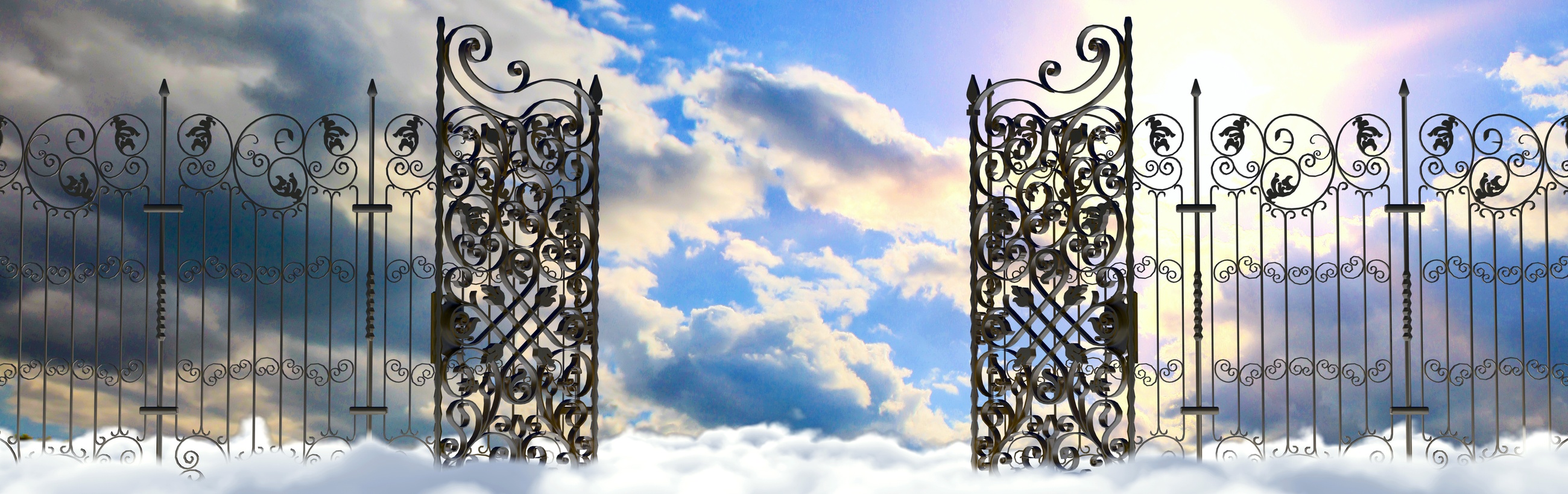 An ornate gate with symmetrical designs stands atop clouds, set against a backdrop of a blue sky punctuated with fluffy white and grey clouds. Each gate panel features intricate iron scrollwork incorporating symbolic representations related to the Mazzaroth.