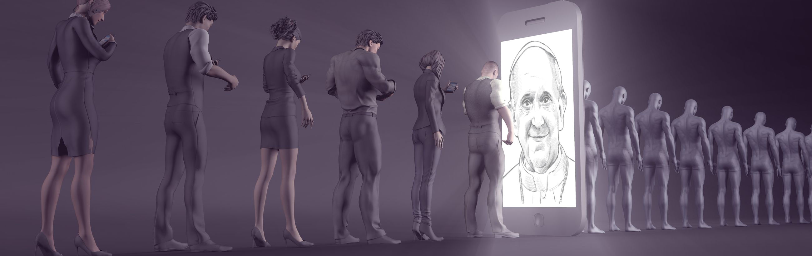 Illustration of a sequence of monochrome figures, progressively transitioning from detailed humans to featureless mannequins, oriented towards a large, vertical smartphone displaying a sketch of a smiling elderly man. This display highlights the contrast between human engagement and depersonalization in the context of technological interfaces.