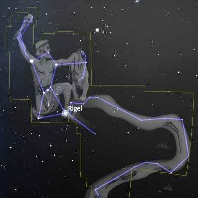 An artistic representation of a celestial constellation depicting a figure resembling a hunter with a bow and an animal at its side against a star-filled night sky. Highlighted stars are connected by lines indicating the shape of the constellation, labeled with the name "Rigel" at one bright star.
