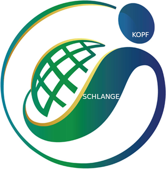 Grafische Darstellung eines symbolischen Motivs mit einem grünen Muster, das einem Gitter ähnelt, und einem umgebenden blauen und grünen Band, das eine Schlange darstellt, eingebettet in einem Kreisdesign mit Schriftzügen „KOPF“ und „SCHLANGE“.
