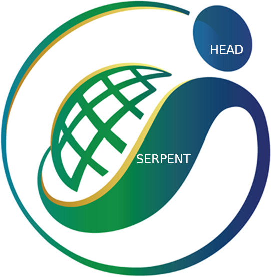 Illustration of a stylized serpent entwined in a circular motion, marked with a grid pattern suggesting an emblematic design. The serpent, outlined in green and gold, coils within an overarching blue loop, with the head labeled and isolated at the top right in a separate blue circle.