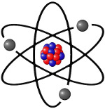 Illustration of an atomic model with a nucleus composed of clusters of red, blue, and purple spheres surrounded by three gray orbits with three electrons.