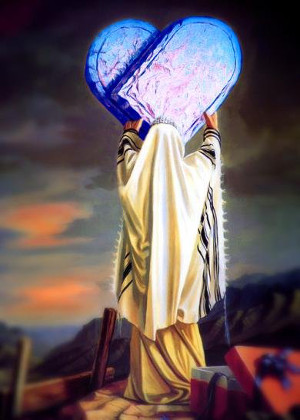 An illustrated figure robed in a traditional prayer shawl stands on a mountain, holding up two luminous tablets engraved with celestial maps of the Mazzaroth, against a backdrop of a softly colored dawn sky.