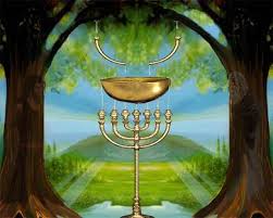 A whimsical illustration depicting a golden menorah in the foreground, centered between two large arching trees. The background reveals a serene landscape with a lush green pathway leading towards distant rolling hills under a soft, mottled green sky.