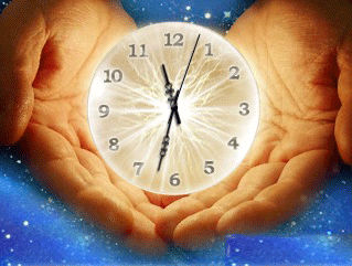 Two open hands cradle a translucent clock superimposed over a cosmic background with shimmering stars, suggesting the concept of time within the universe.