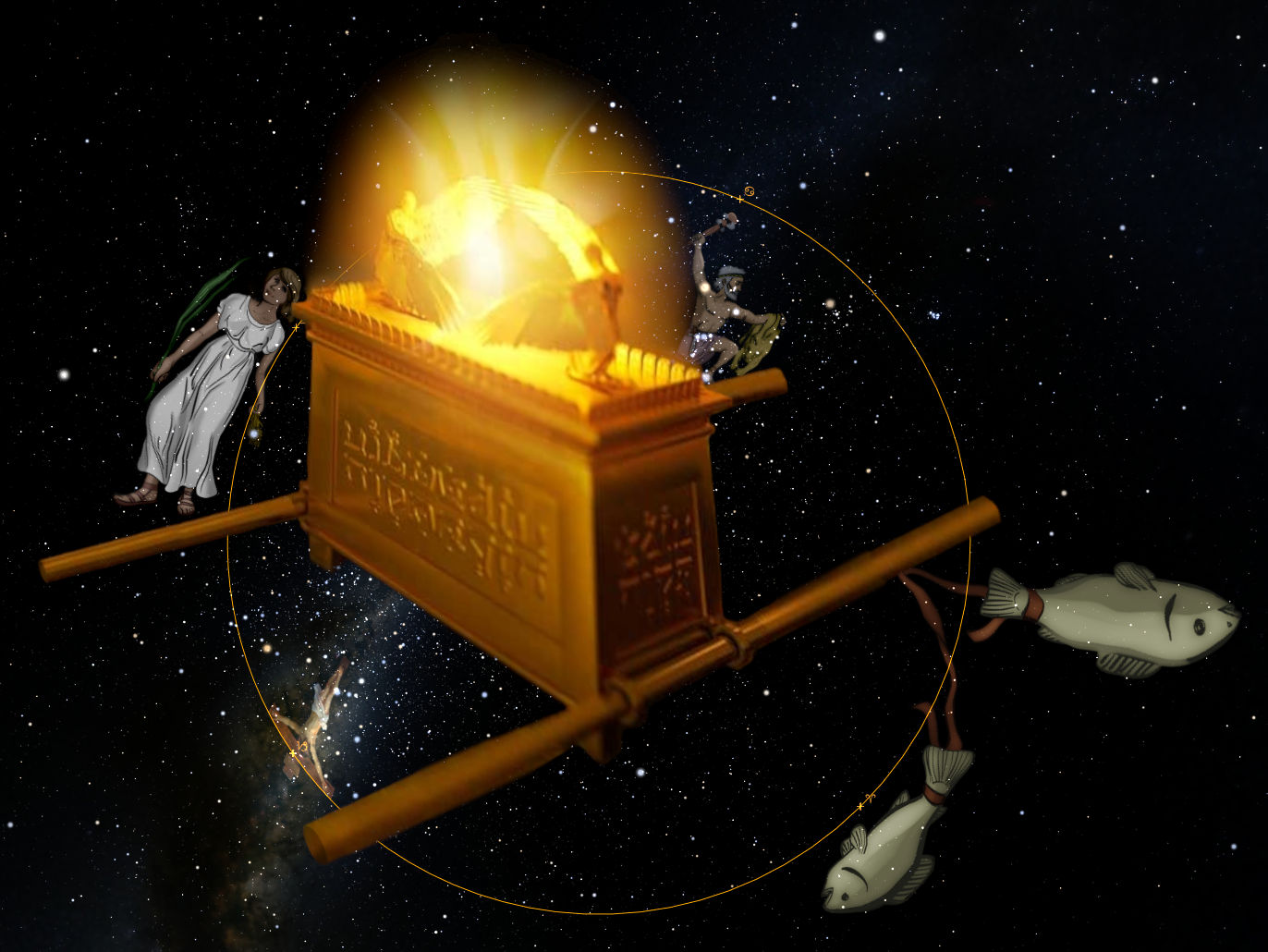 An illustration featuring a large golden chest with engraved sides and a radiant arc of light emerging from its lid, set against a starry cosmic background. A woman in a flowing white robe leans on the chest using a shepherd's crook, while two sculpted figures in rotational motion are depicted, including one male figure and stylized fish forms following circular paths around the chest.