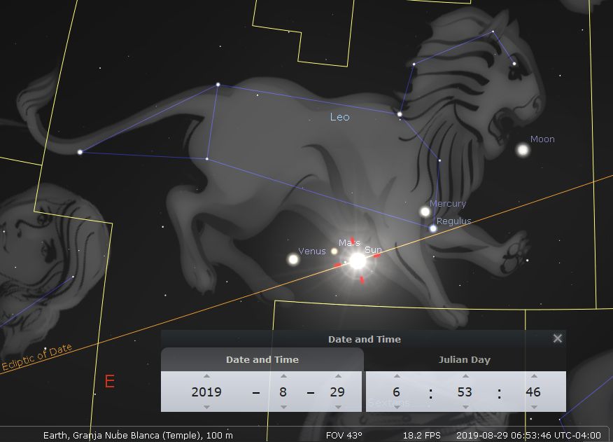 A digital astronomical display depicting the constellation Leo, overlaid with a graphical representation of a lion. Key celestial bodies like the Moon, Mercury, Venus, Mars, and the Sun are marked alongside their corresponding positions. The image includes a depiction of a woman's face in the bottom left corner and provides details on the date and time settings for observation.