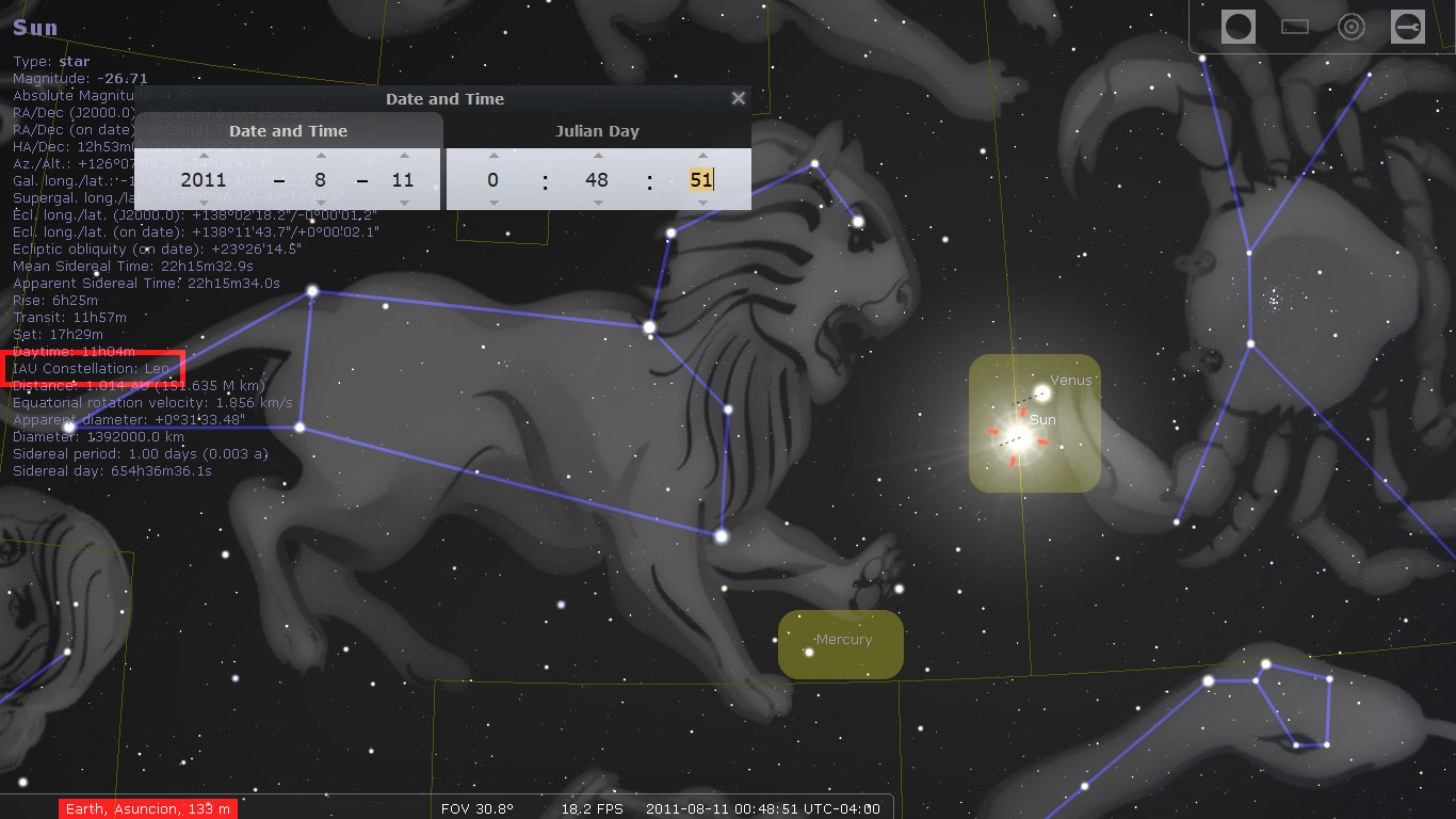 Digital depiction of the night sky showing the Mazzaroth representation of a lion with connected stars mapping its outline, alongside a close-up box detailing planets such as Venus, Mercury, and the Sun with their relative positions marked in red. Additional data windows provide celestial coordinates, visibility details, and other astronomical specifics, on a gray scale starry background.
