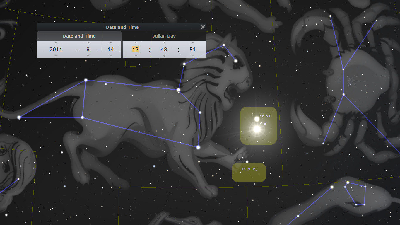 An illustration of a night sky featuring a constellation depicted as a lion with stars connected by blue lines. The image includes labels for the sun, Venus, and Mercury, positioned close to the lion's mouth. A control panel displays the date as 2011-08-14, and time as 12:48:51.