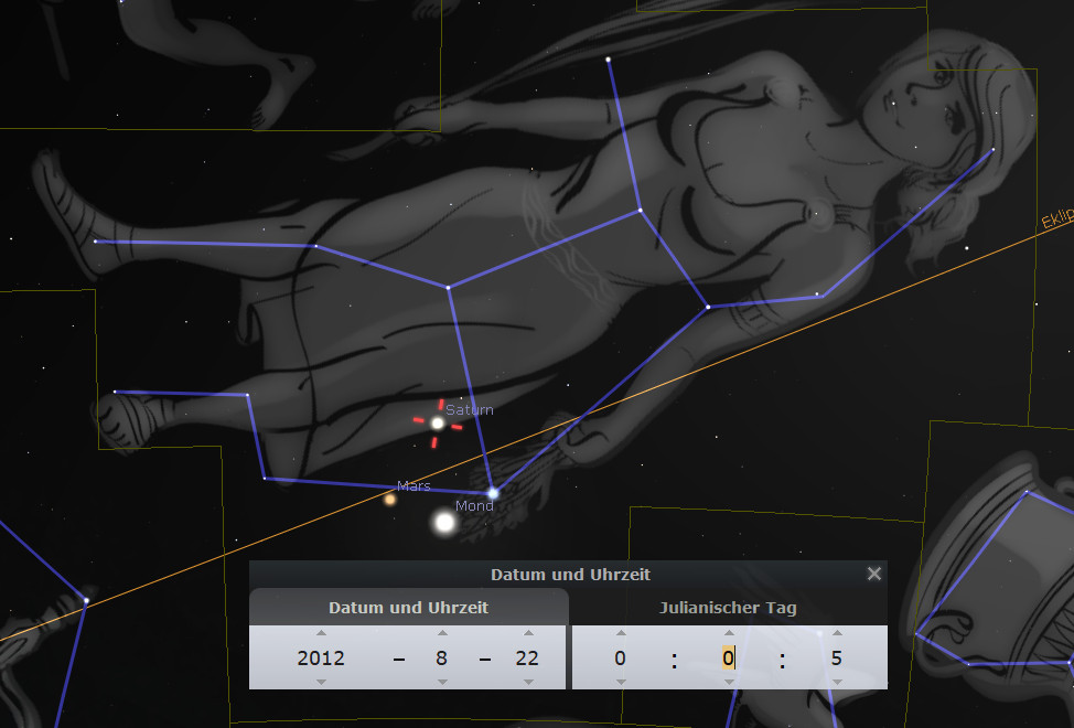 Digitale Darstellung des Nachthimmels entlang eines Abbilds aus der Mazzaroth mit fiktiver weiblicher Gestalt verbunden mit Himmelslinien, darunter die Positionen von Saturn, Mars und dem Mond am 22. August 2012.