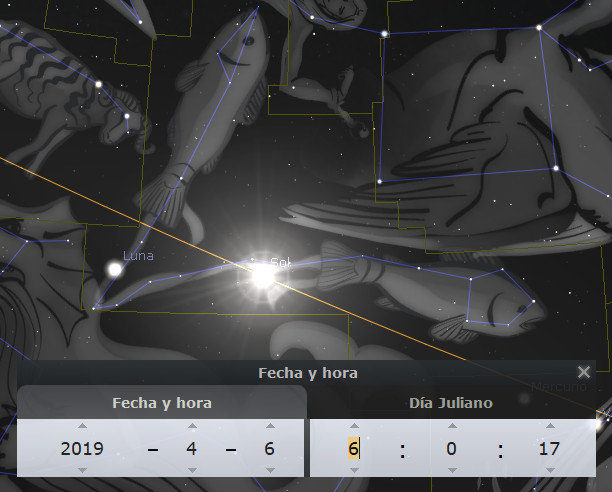 Ilustración digital de un mapa estelar que muestra la Luna y el Sol alineados entre constelaciones, sobre un fondo de estrellas. Se observan representaciones artísticas de figuras humanoides y animales conectados por líneas amarillas entre las estrellas, junto con etiquetas y una caja de texto en la parte inferior con fecha y tiempo específicos.