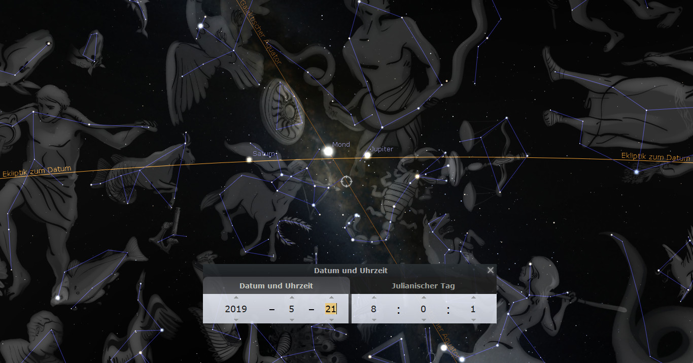 Astronomische Darstellung der Mazzaroth mit verbundenen Sternenkonstellationen in einer Nachtansicht. Sichtbare Himmelskörper wie Mond und Jupiter sind markiert, und ein Overlay zeigt Daten und Uhreinstellungen für den 21. Mai 2019.