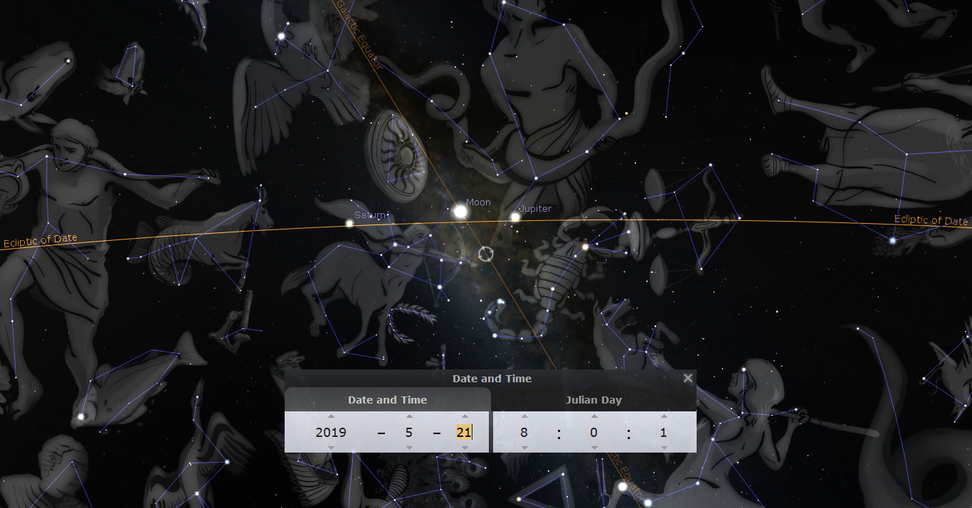 A detailed celestial map displaying the positions of major celestial bodies including Saturn, Jupiter, and the Moon, connected by constellation line art depicting various figures from historical and mythological narratives. The scene is set against a dark starry background, showing coordinates and a date display marking May 21, 2019.