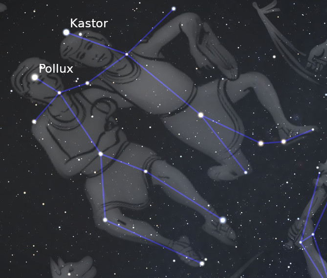 Eine grafische Darstellung zweier menschlicher Figuren, verbunden durch Linien, die eine Gruppierung von Sternen im Mazzaroth repräsentieren. Die Sternbilder sind gekennzeichnet als "Kastor" und "Pollux", vor einem dunklen Nachthimmel mit weiteren sichtbaren Sternen.