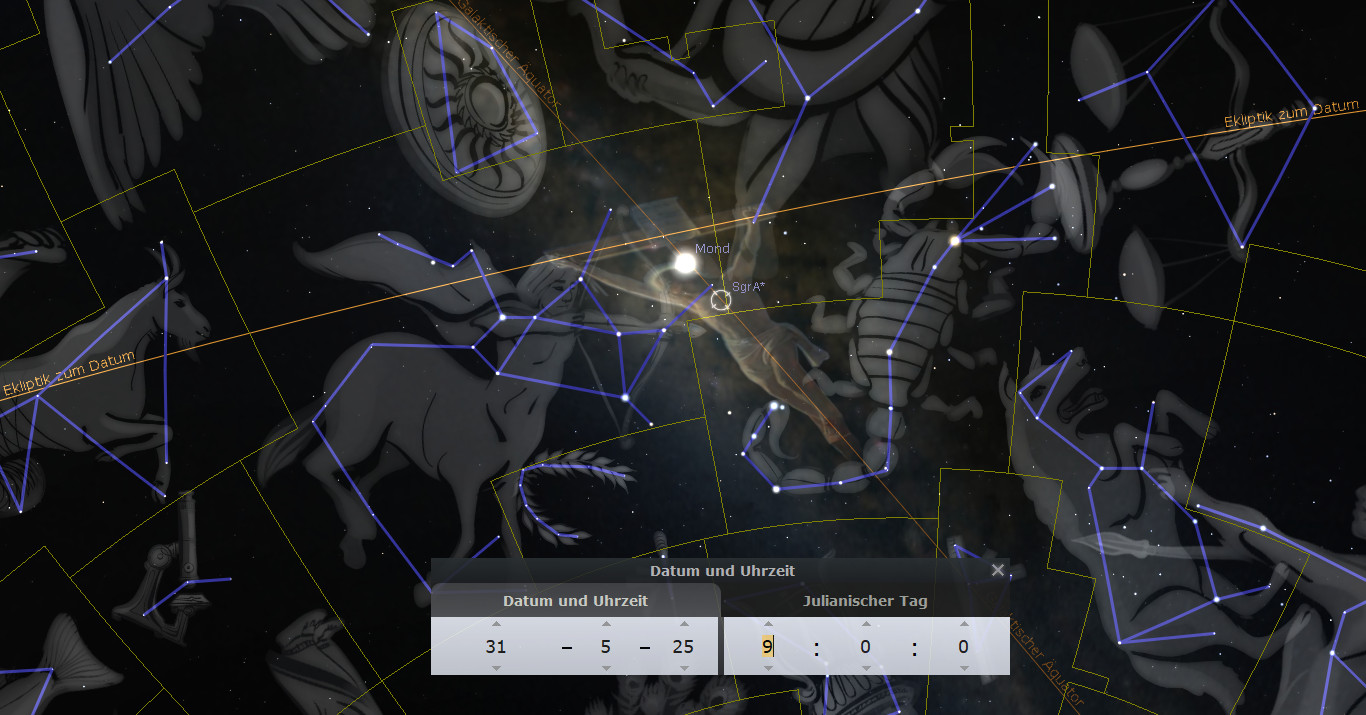 Ein astronomisches Diagramm zeigt verschiedene Figuren des Mazzaroth im Dunkelraum. Diese Figuren sind durch blaue Linien miteinander verbunden und umgeben von gelben Linien, die die Bahn der Himmelskörper markieren. Im Zentrum befindet sich eine helle Darstellung des Mondes, beleuchtet gegen einen dunklen Sternenhimmel.
