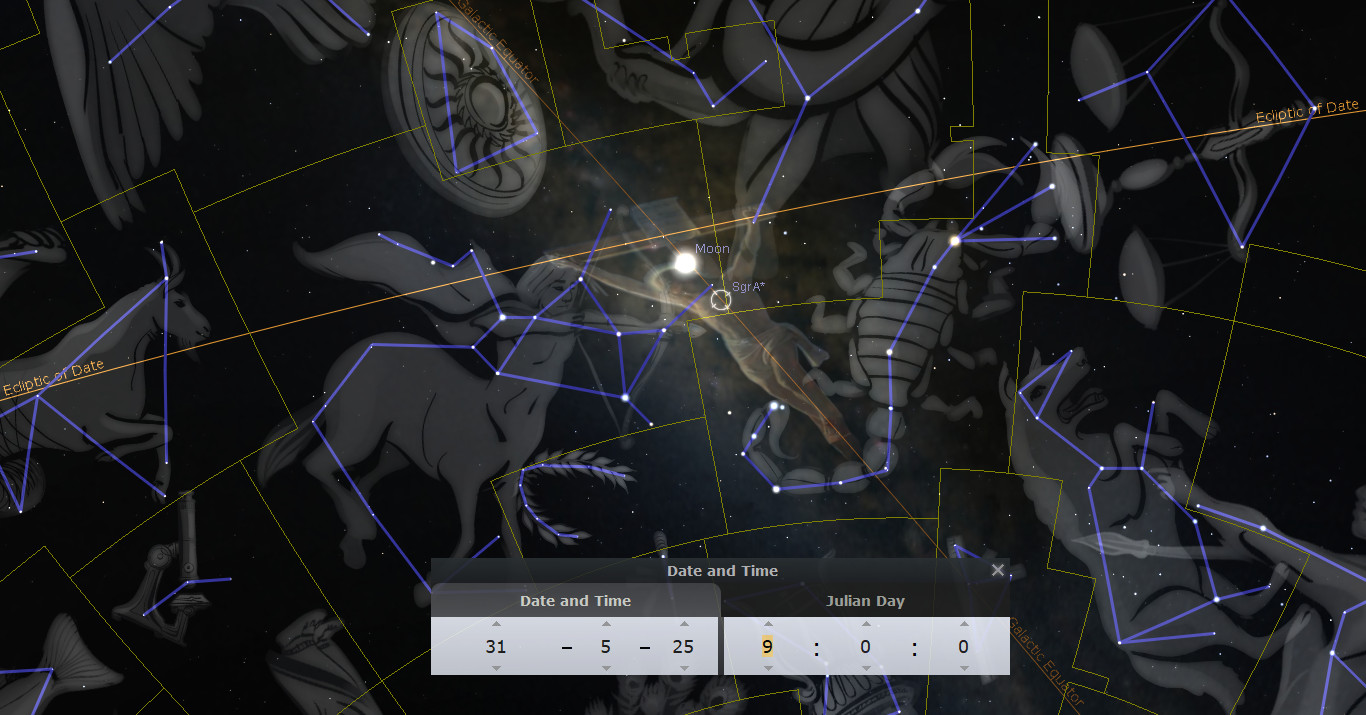 A digital depiction of a celestial chart displaying various constellations connected by blue lines against a dark star-filled sky. The image includes labels and a panel showing the Julian Day and a digital input for date and time. Prominently, the Moon is marked near the center with its glow intersecting some of the constellations.