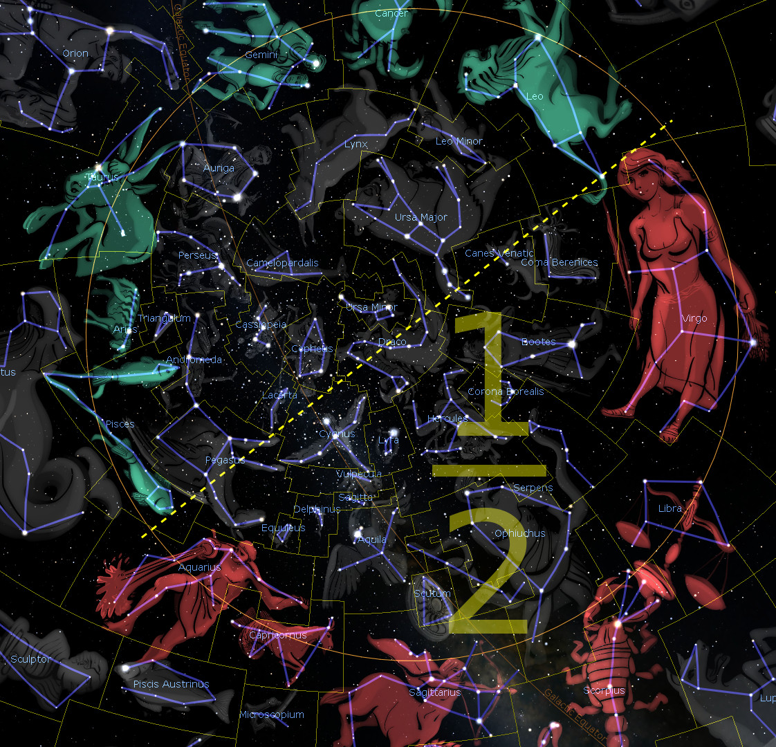 Illustration of a starry night sky overlaid with various constellations depicted as mythological and animal figures in vibrant colors, connected by lines that represent their associated stars. Conspicuous figures include a large maiden to the right and a scorpion in the bottom center. Labeled star configurations and other celestial phenomena are also visible.