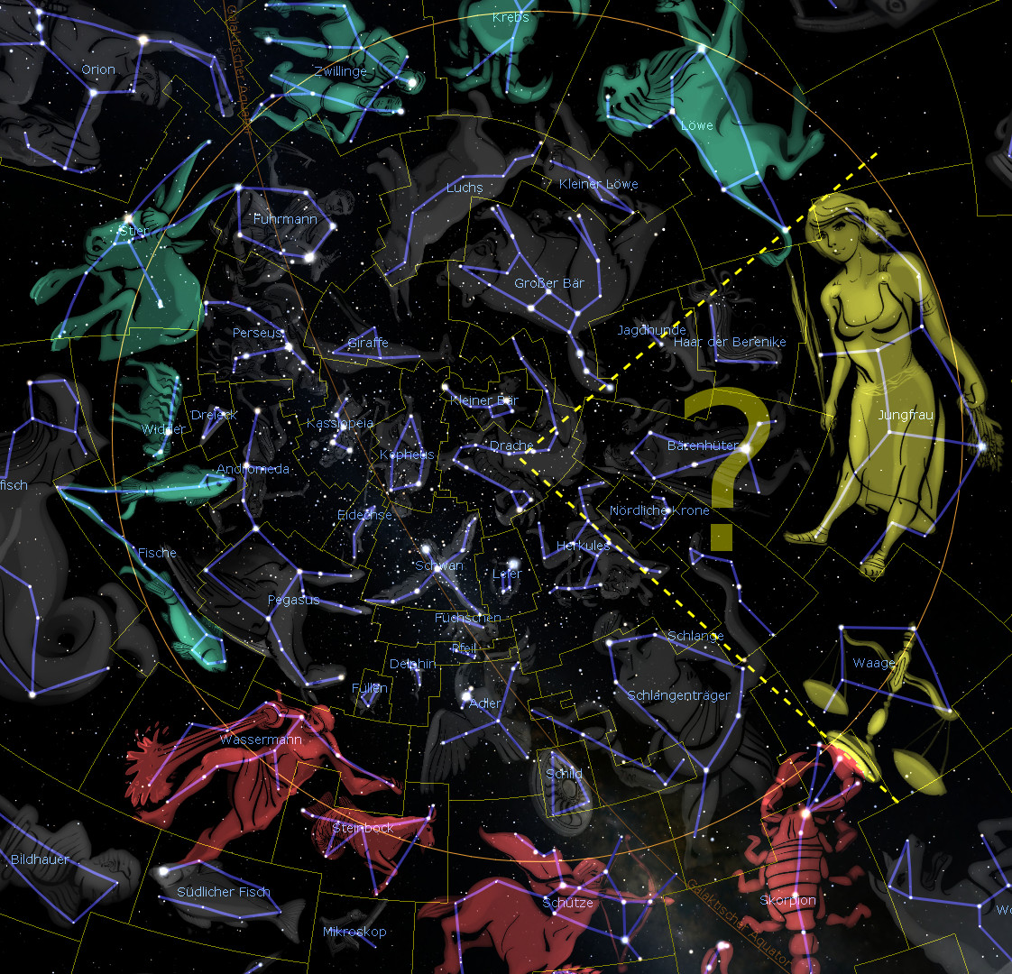 Ein Sternbild, das eine interaktive Darstellung des Nachthimmels zeigt, mit farblich markierten Sternkonstellationen und Verbindungslinien zwischen den Sternen, eingebettet in einen dunklen, sternenübersäten Hintergrund. Die Konstellationen sind als verschiedene mythologische und natürliche Formen illustriert, inklusive eines Löwen, einer Waage und einer Jungfrau.